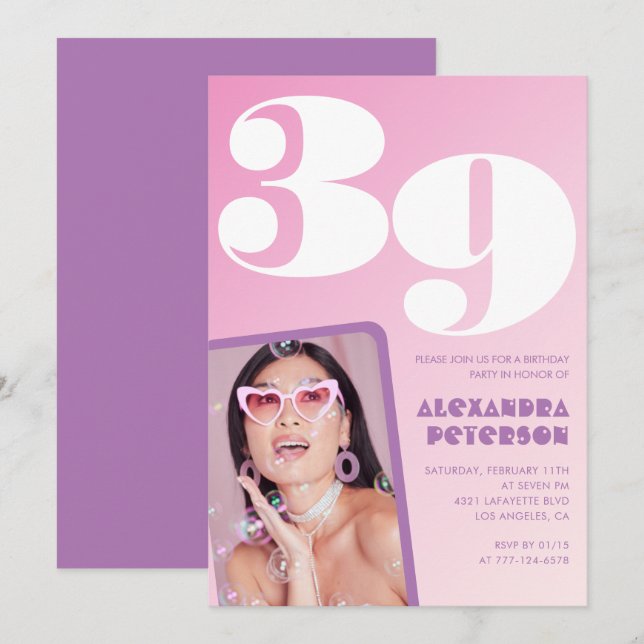 Invitaciones de cumpleaños 39 Pink Groovy Retro Fo (Anverso / Reverso)
