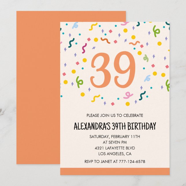 Invitaciones de cumpleaños 39 simples confeti Mode (Anverso / Reverso)