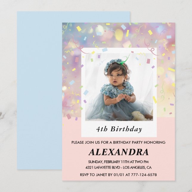 Invitaciones de cumpleaños 4º Pink Confeti Foto (Anverso / Reverso)