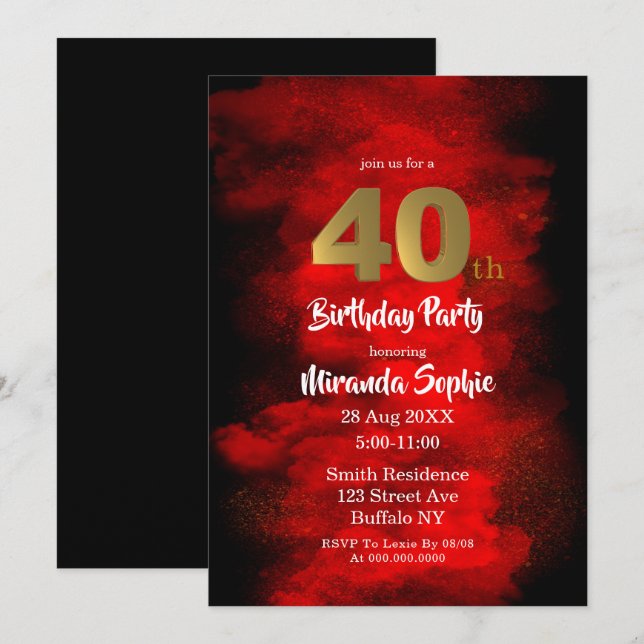 Invitaciones de cumpleaños 40 al humo negro y rojo (Anverso / Reverso)