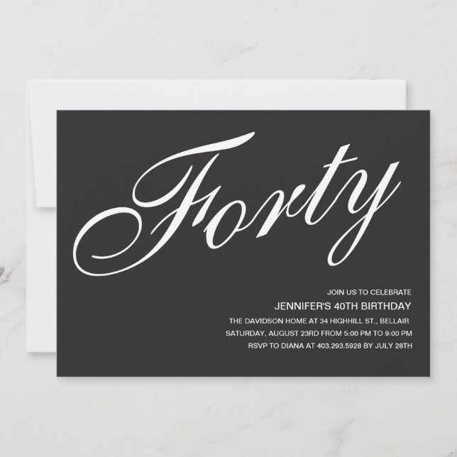 Invitaciones de cumpleaños 40 en blanco y negro (Anverso)
