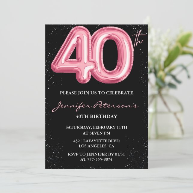 Invitaciones de cumpleaños 40 Pink Glam balon negr (Anverso de pie)