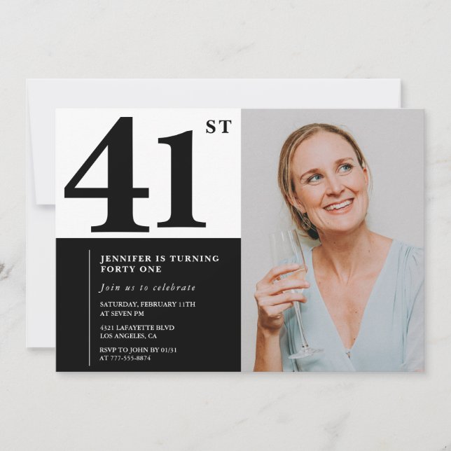 Invitaciones de cumpleaños 41ª foto blanca negra (Anverso)