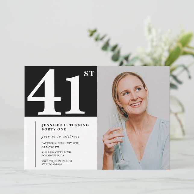 Invitaciones de cumpleaños 41ª foto en blanco y ne (Anverso de pie)