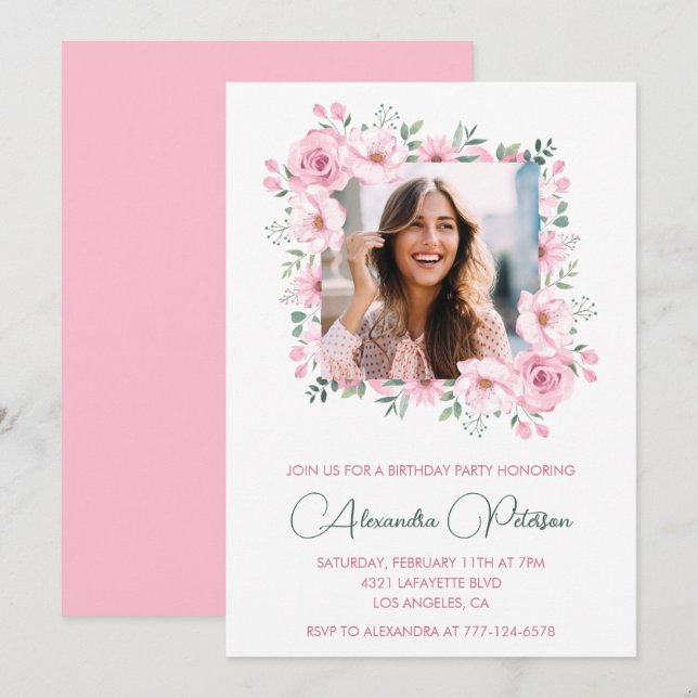 Invitaciones de cumpleaños 41 con foto floral rosa (Anverso / Reverso)