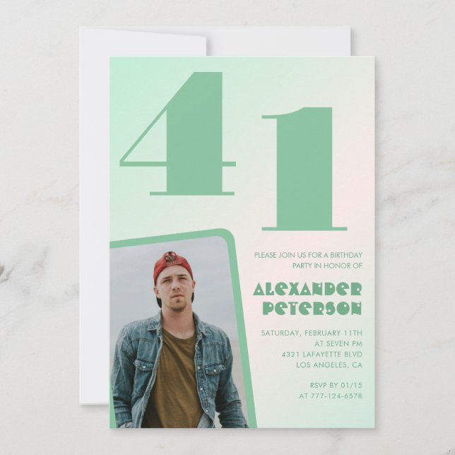 invitaciones de cumpleaños 41 con gradiente verde  (Anverso)