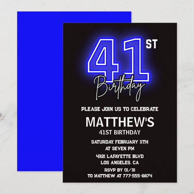 invitaciones de cumpleaños 41 Neon Negro Hombres D (Anverso / Reverso)