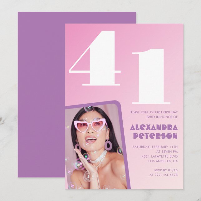 Invitaciones de cumpleaños 41 Pink Groovy Retro Fo (Anverso / Reverso)