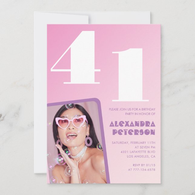 Invitaciones de cumpleaños 41 Pink Retro Foto (Anverso)