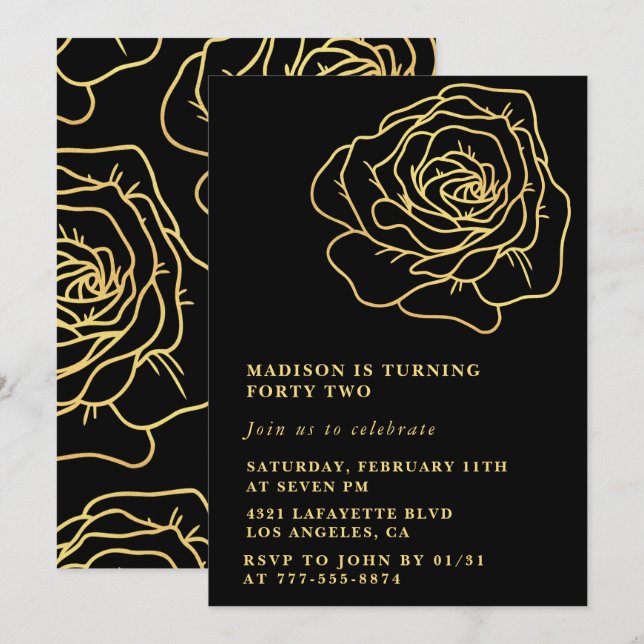 Invitaciones de cumpleaños 42 de Black Gold Floral (Anverso / Reverso)