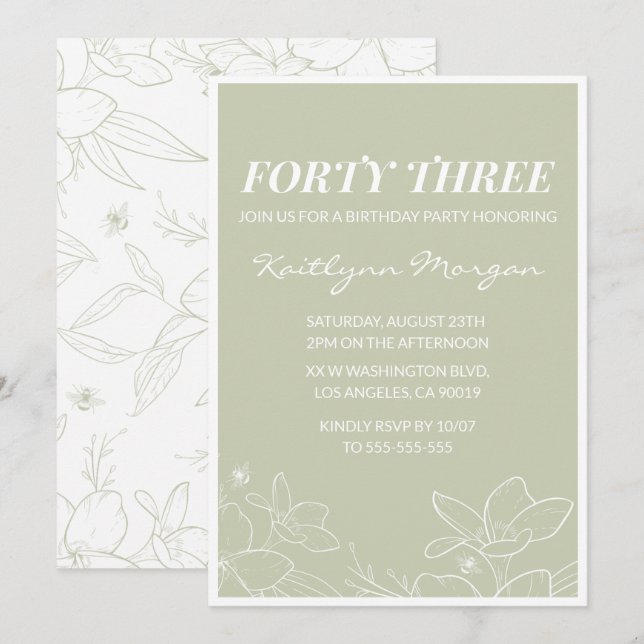 Invitaciones de cumpleaños 43 elegantes florales v (Anverso / Reverso)
