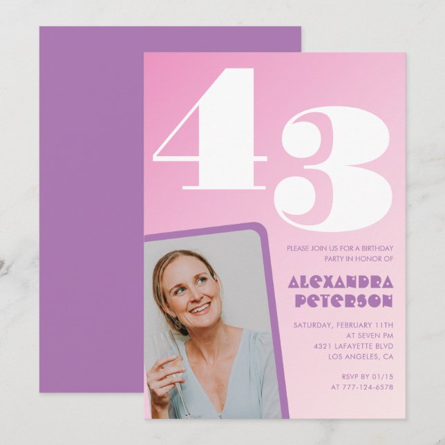 Invitaciones de cumpleaños 43 rosadas groovy Foto  (Anverso / Reverso)