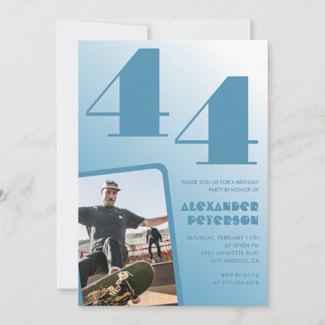 Invitaciones de cumpleaños 44 con gradiente azul H (Anverso)