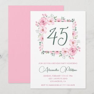 invitaciones de cumpleaños 45 Floral Elegante Rosa