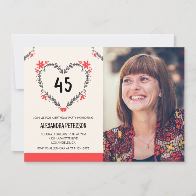 invitaciones de cumpleaños 45 florales corazón (Anverso)