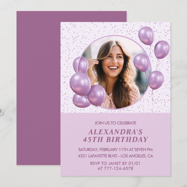 invitaciones de cumpleaños 45 globos foto púrpura (Anverso / Reverso)