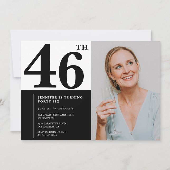 Invitaciones de cumpleaños 46ª foto blanca negra (Anverso)