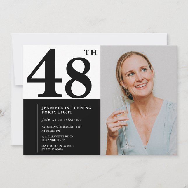 Invitaciones de cumpleaños 48ª foto blanca negra (Anverso)