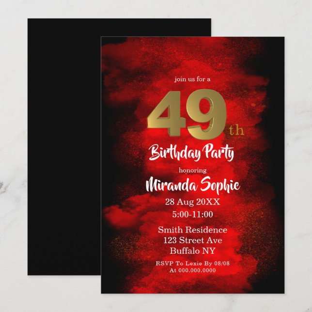 Invitaciones de cumpleaños 49 al humo negro y rojo (Anverso / Reverso)