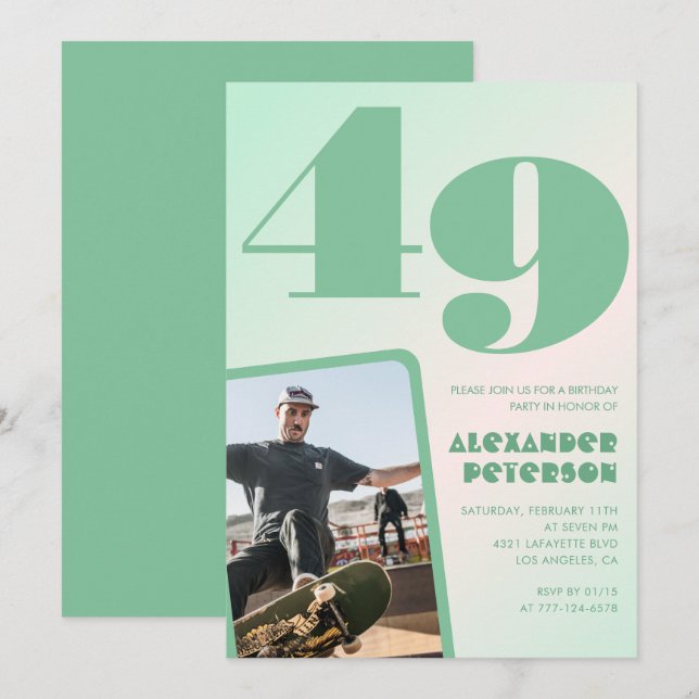 invitaciones de cumpleaños 49 con gradiente verde  (Anverso / Reverso)