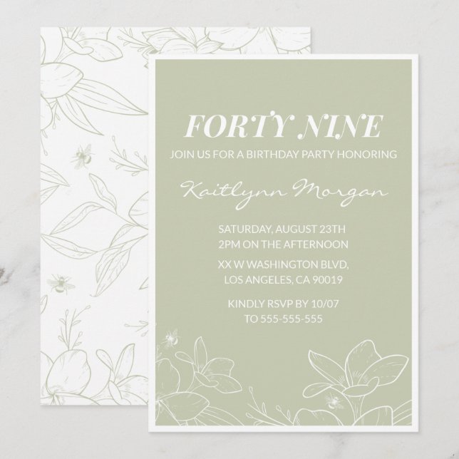 Invitaciones de cumpleaños 49 elegantes florales v (Anverso / Reverso)