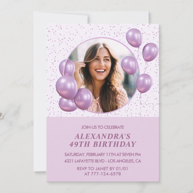invitaciones de cumpleaños 49 globos foto púrpura (Anverso)