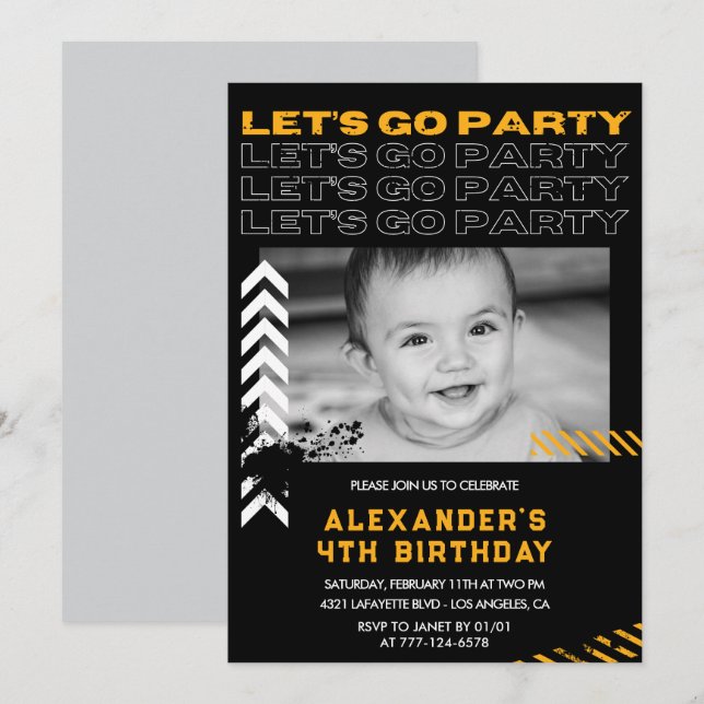 Invitaciones de cumpleaños 4 negras Niño Foto Spra (Anverso / Reverso)