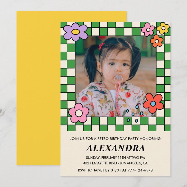 invitaciones de cumpleaños 4 Retro Flores Groovy (Anverso / Reverso)