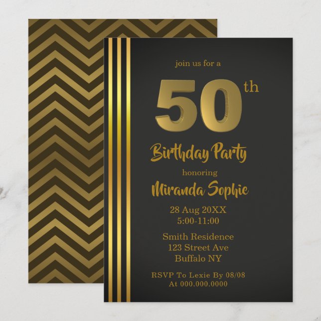Invitaciones de cumpleaños 50 de Black and Gold (Anverso / Reverso)