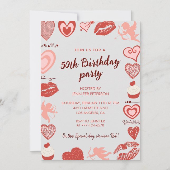 invitaciones de cumpleaños 50 grises corazones roj (Anverso)