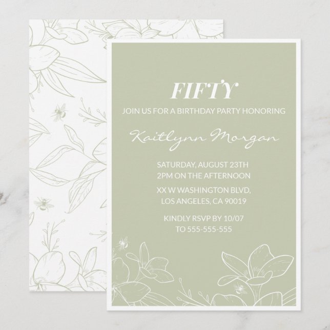 invitaciones de cumpleaños 50 Modernas Florales El (Anverso / Reverso)