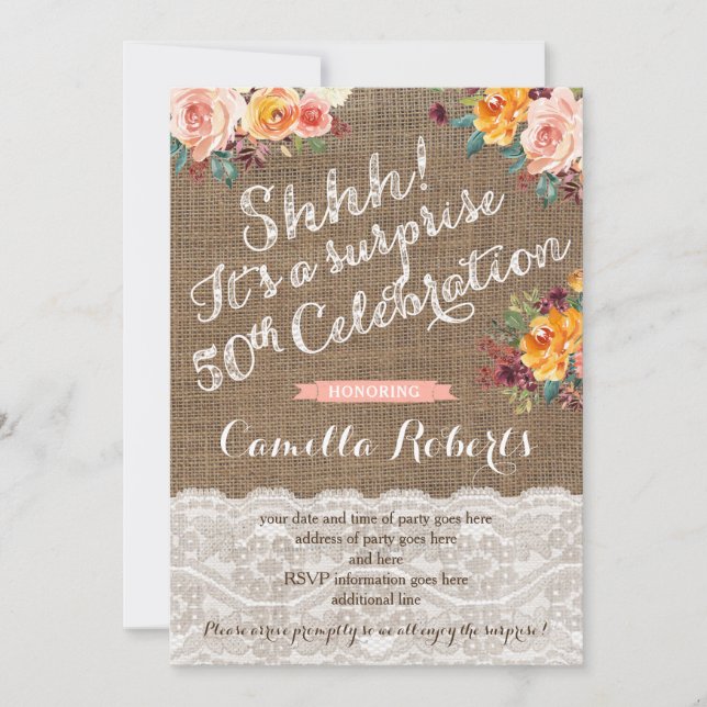 Invitaciones de cumpleaños 50 para dama de la sorp (Anverso)