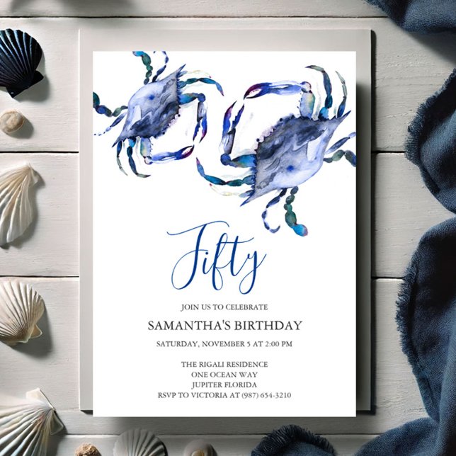Invitaciones de cumpleaños 50 para fiesta de cangr (50th Birthday invitations blue watercolor crab art by Victoria Grigaliunas of Do Tell A Belle)