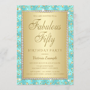 Invitaciones de cumpleaños 50 Teal Blue Gold