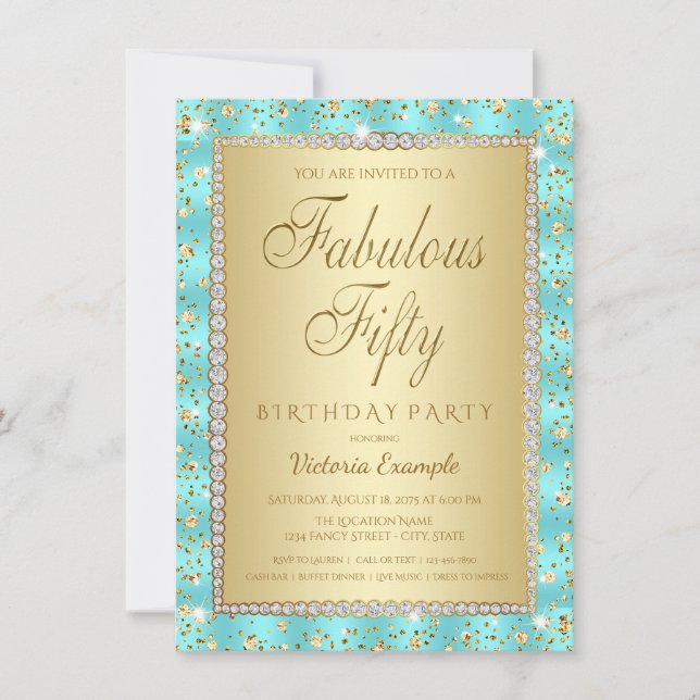 Invitaciones de cumpleaños 50 teal y doradas (Anverso)
