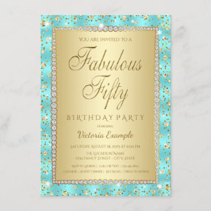 Invitaciones de cumpleaños 50 teal y doradas