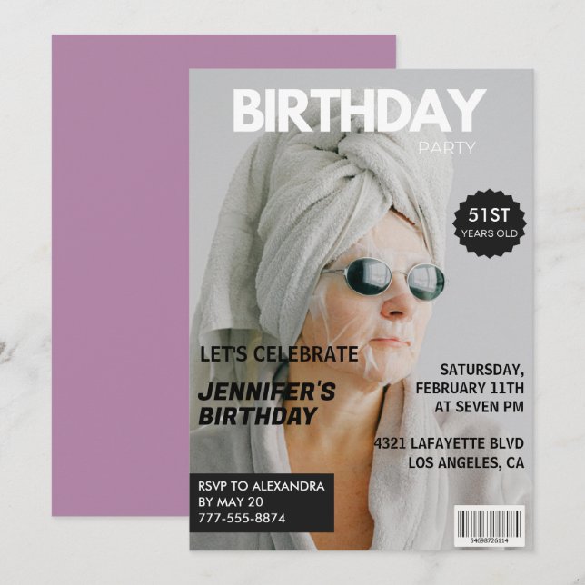 Invitaciones de cumpleaños 51 elegantes con foto d (Anverso / Reverso)