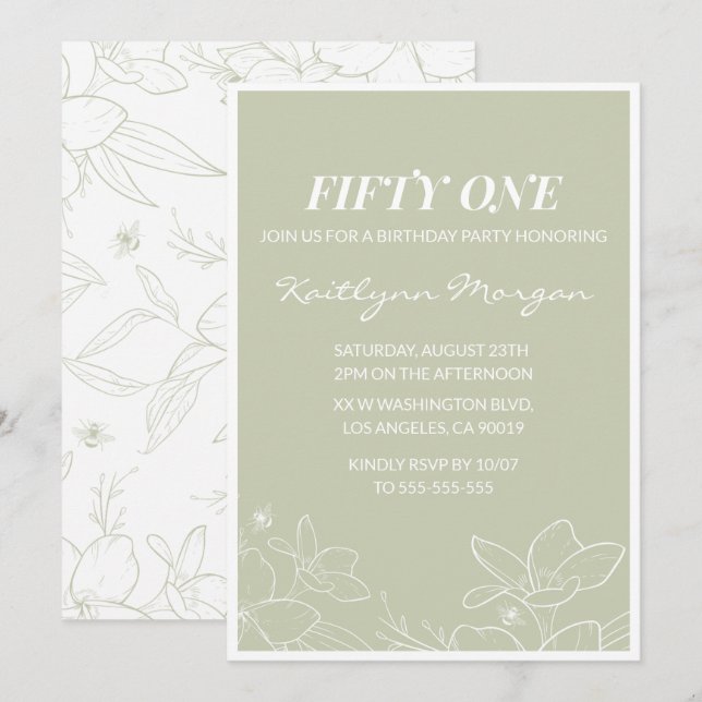 Invitaciones de cumpleaños 51 elegantes florales v (Anverso / Reverso)