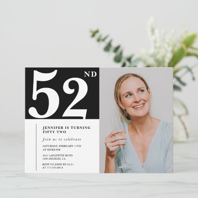 Invitaciones de cumpleaños 52ª foto en blanco y ne (Anverso de pie)