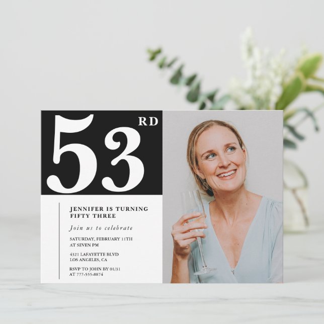 Invitaciones de cumpleaños 53ª foto en blanco y ne (Anverso de pie)
