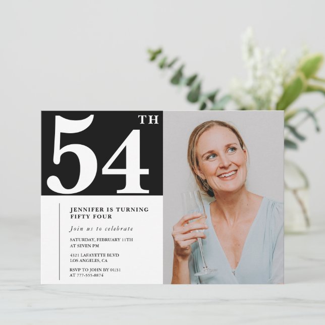 Invitaciones de cumpleaños 54ª foto en blanco y ne (Anverso de pie)