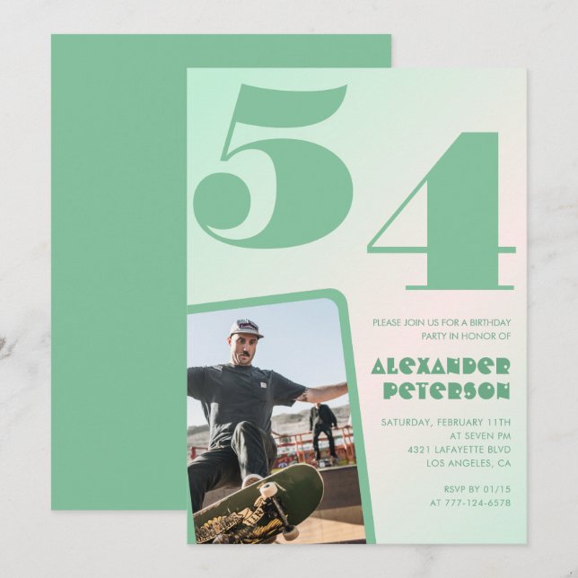 Invitaciones de cumpleaños 54 con gradiente verde  (Anverso / Reverso)