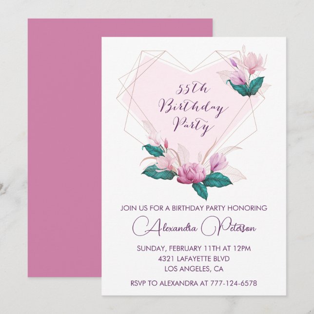 invitaciones de cumpleaños 55 Elegante Boho rosa (Anverso / Reverso)