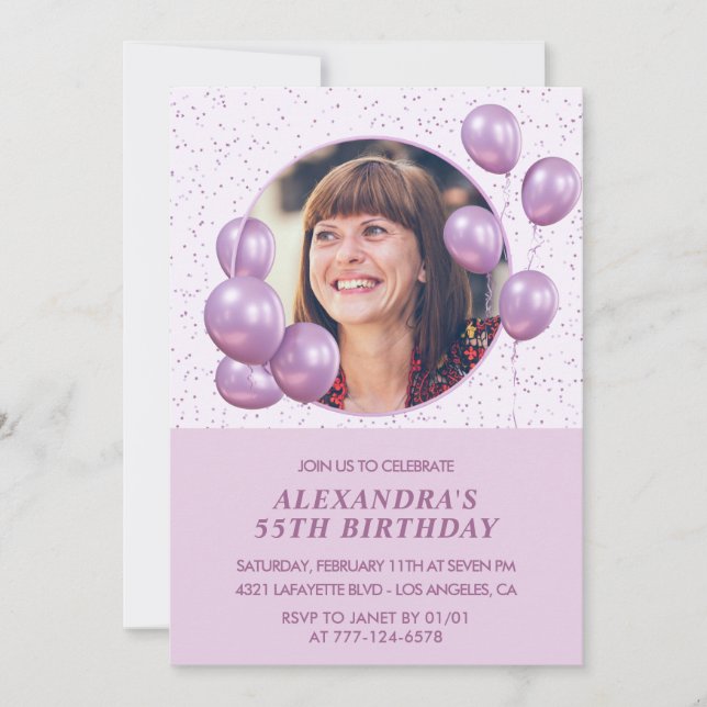 invitaciones de cumpleaños 55 globos foto púrpura (Anverso)