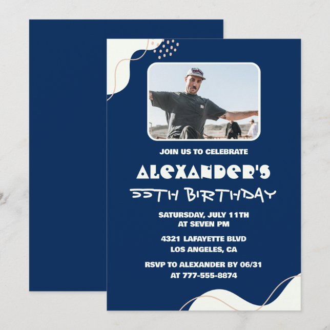 invitaciones de cumpleaños 55 hombres foto simple  (Anverso / Reverso)