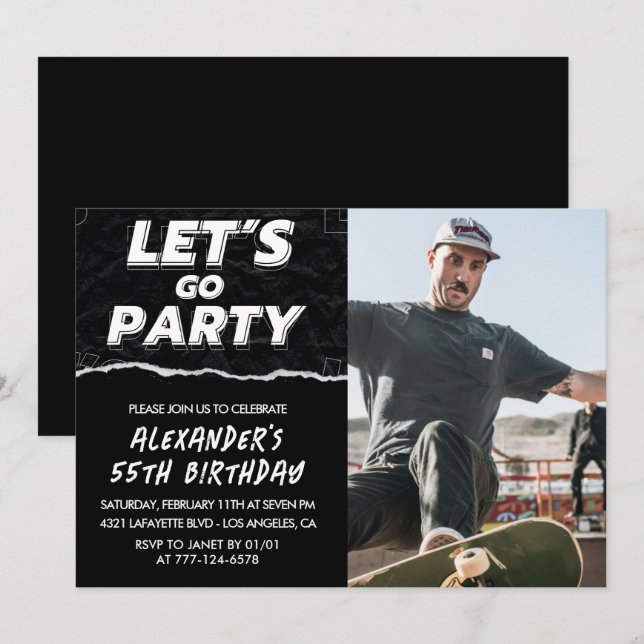 invitaciones de cumpleaños 55 hombres negras con f (Anverso / Reverso)
