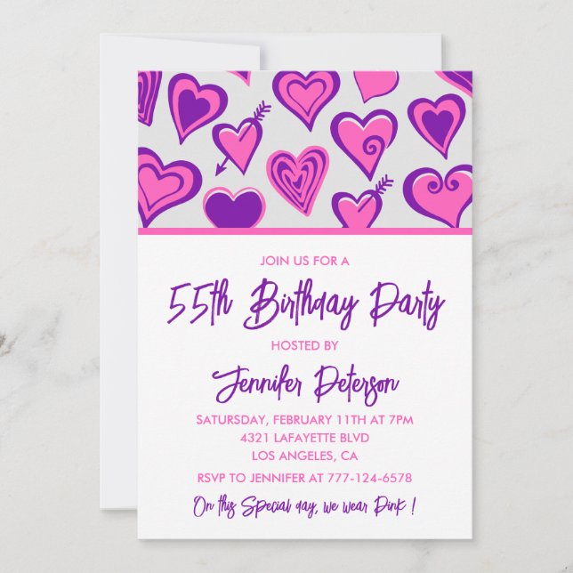 Invitaciones de cumpleaños 55 rosa Glam Heart (Anverso)