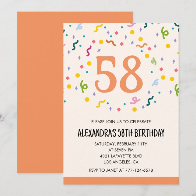 Invitaciones de cumpleaños 58 simples Confetti Mod (Anverso / Reverso)