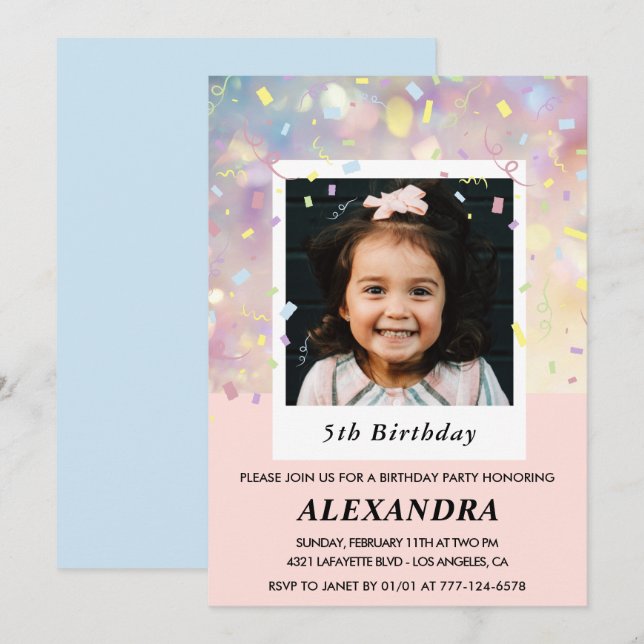 Invitaciones de cumpleaños 5 Pink Confeti Foto (Anverso / Reverso)