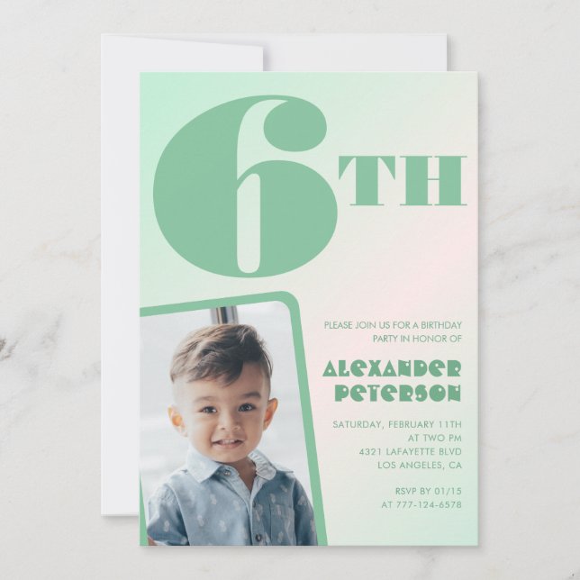 Invitaciones de cumpleaños 6º niño gradiente verde (Anverso)